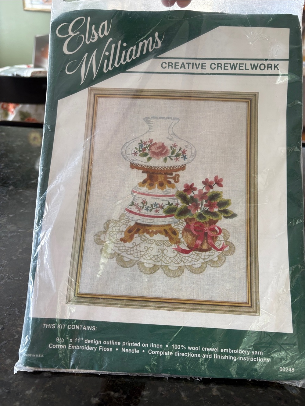 Elsa Williams Cream & Green Floral Crewelwork Kit